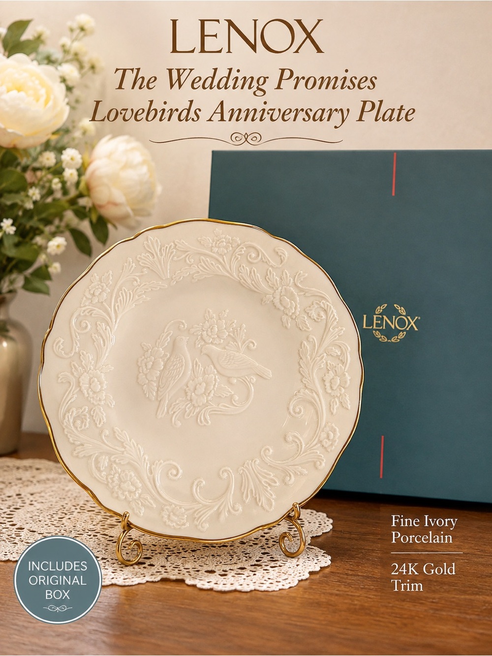 Lenox Wedding Promises Anniversary Plate, Lovebirds | Gold Trim | Gold Trim-USA